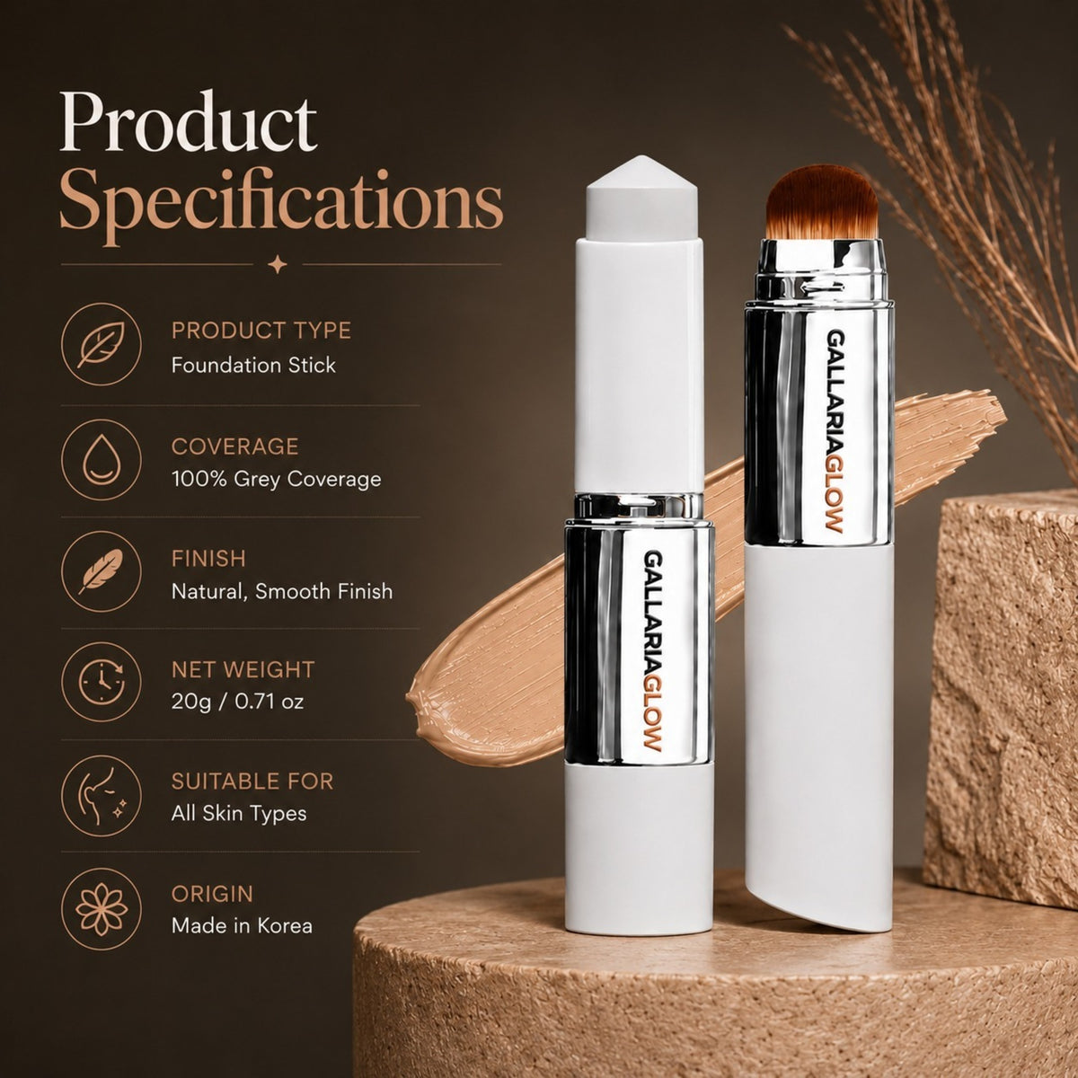 GALLARIAGLOW Color Changing Foundation Stick with Built-In Brush, Korean BB Cream Foundation