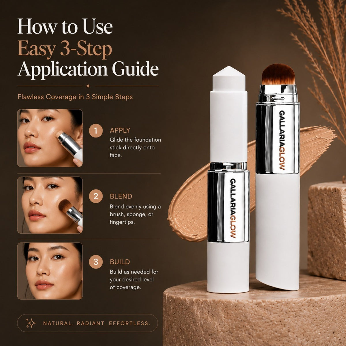 GALLARIAGLOW Color Changing Foundation Stick with Built-In Brush, Korean BB Cream Foundation