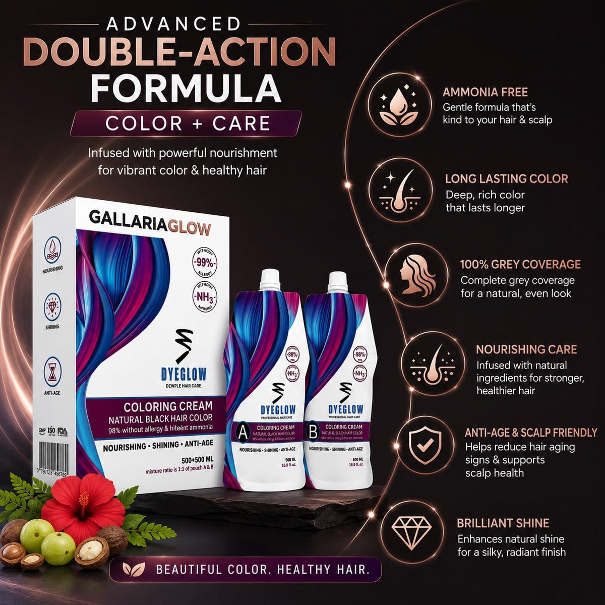 GALLARIAGLOW DYEGLOW - Natural Black Hair Coloring Cream, 500ml+500ml