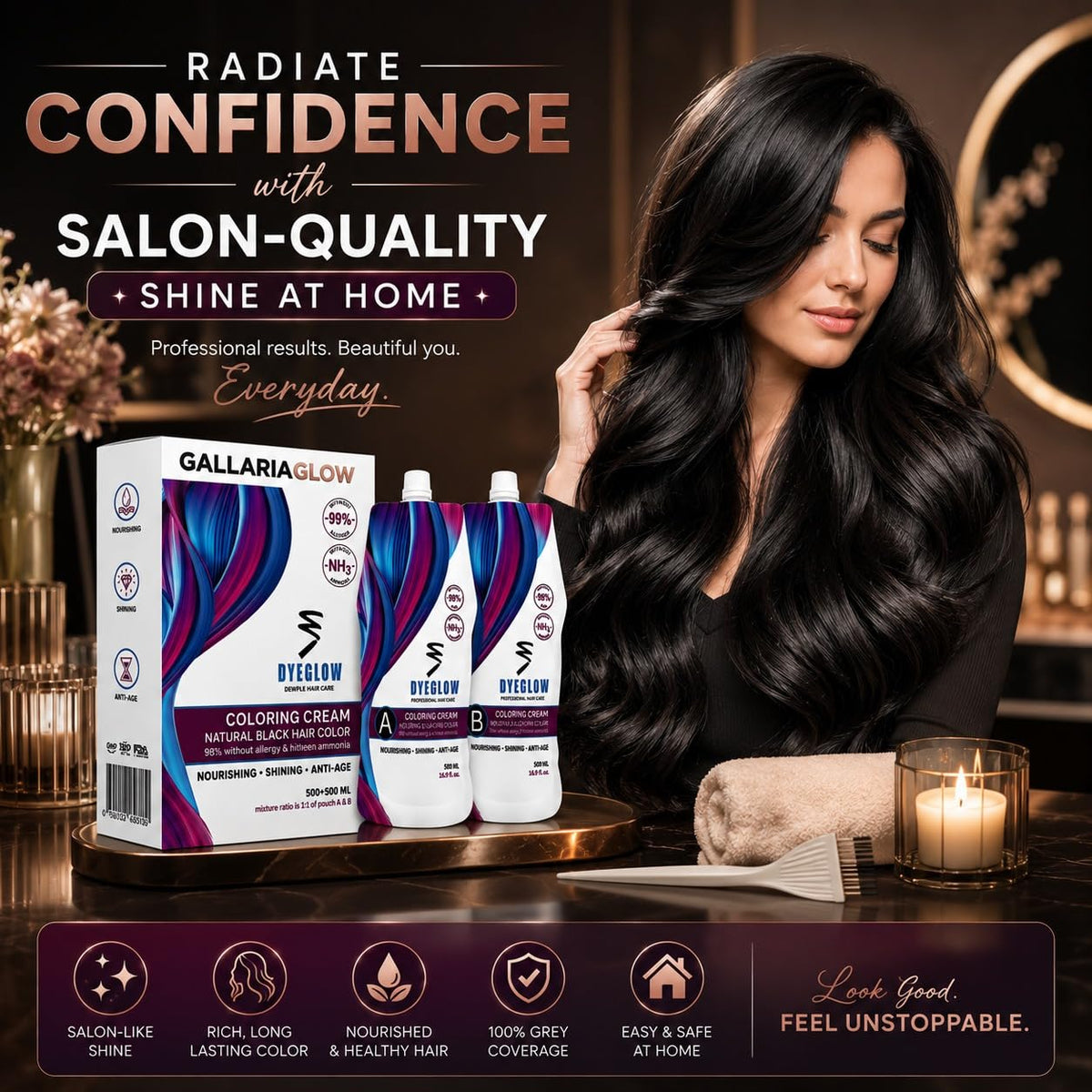 GALLARIAGLOW DYEGLOW - Natural Black Hair Coloring Cream, 500ml+500ml