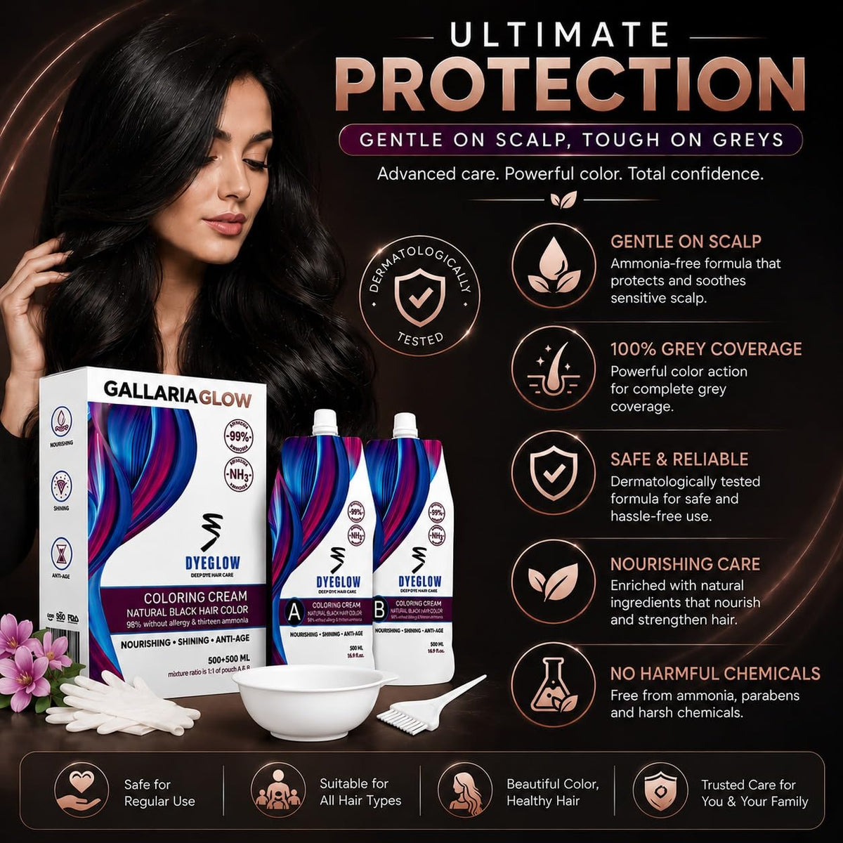 GALLARIAGLOW DYEGLOW - Natural Black Hair Coloring Cream, 500ml+500ml